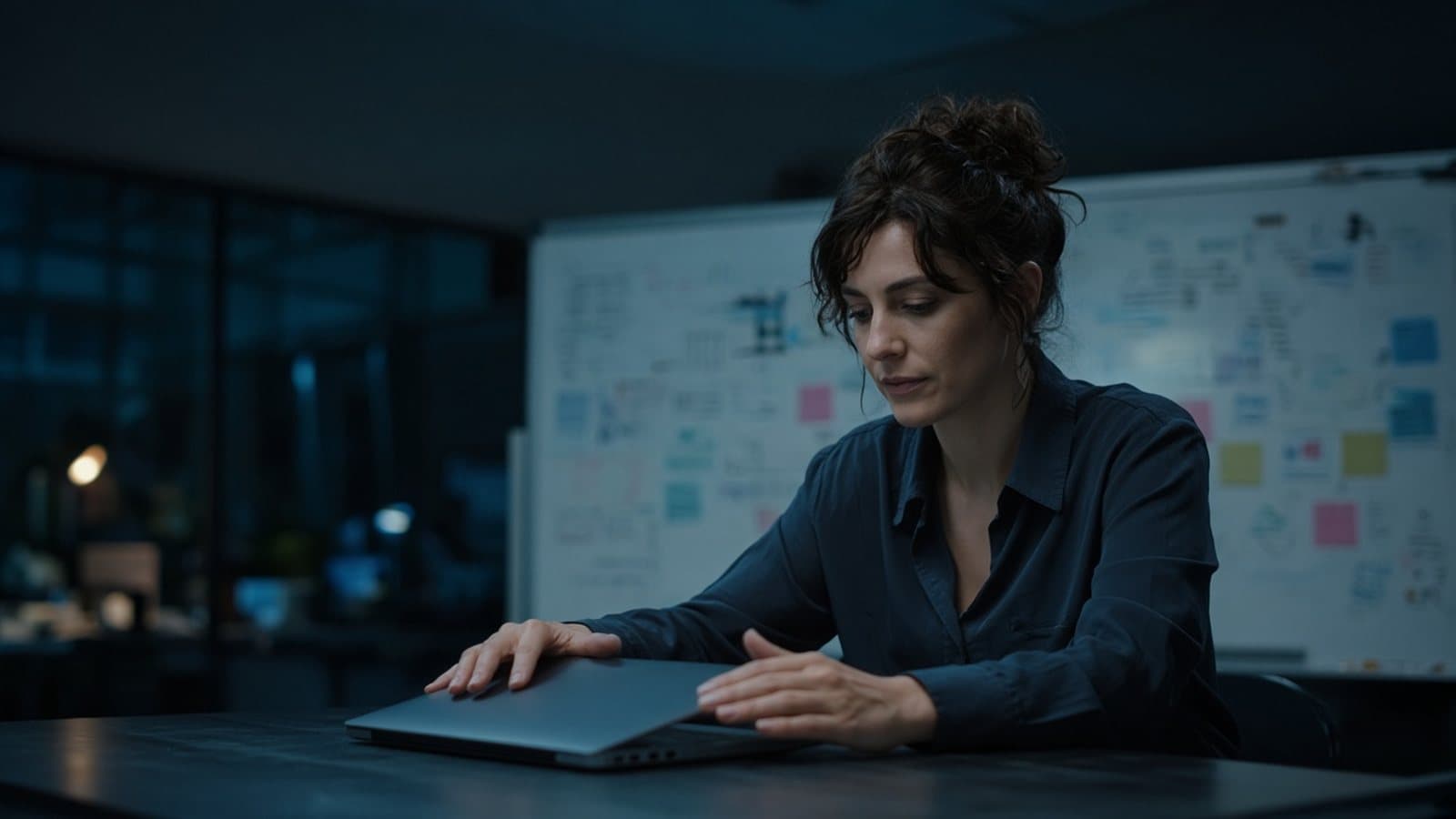 A woman in a dark office rests her hands on a closed laptop. Generated photograph. Not a picture of anyone in this story.