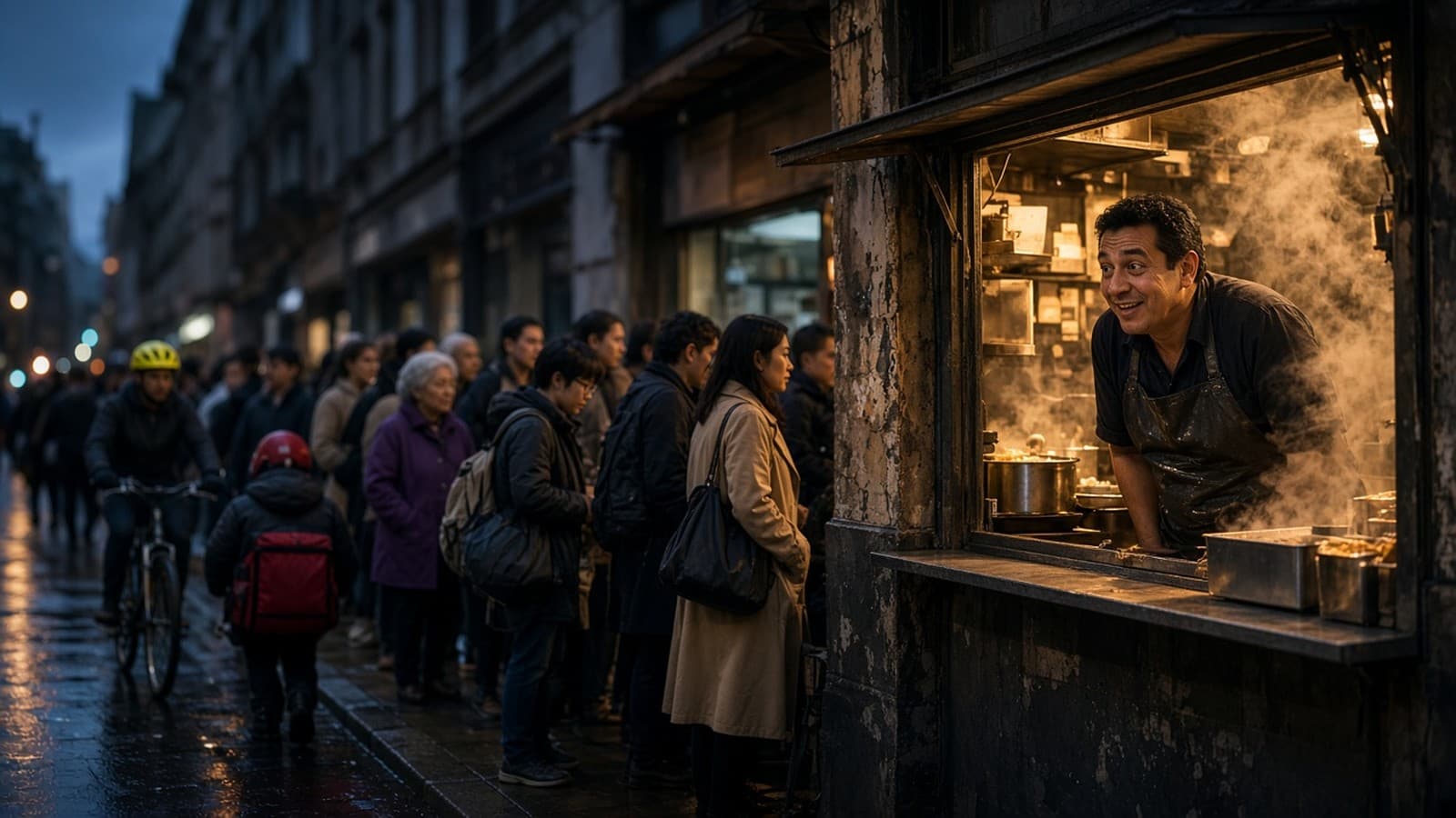 A long queue of people winds around a small food stall at dusk while the owner looks on. Generated photograph. Not a picture of anyone in this story.