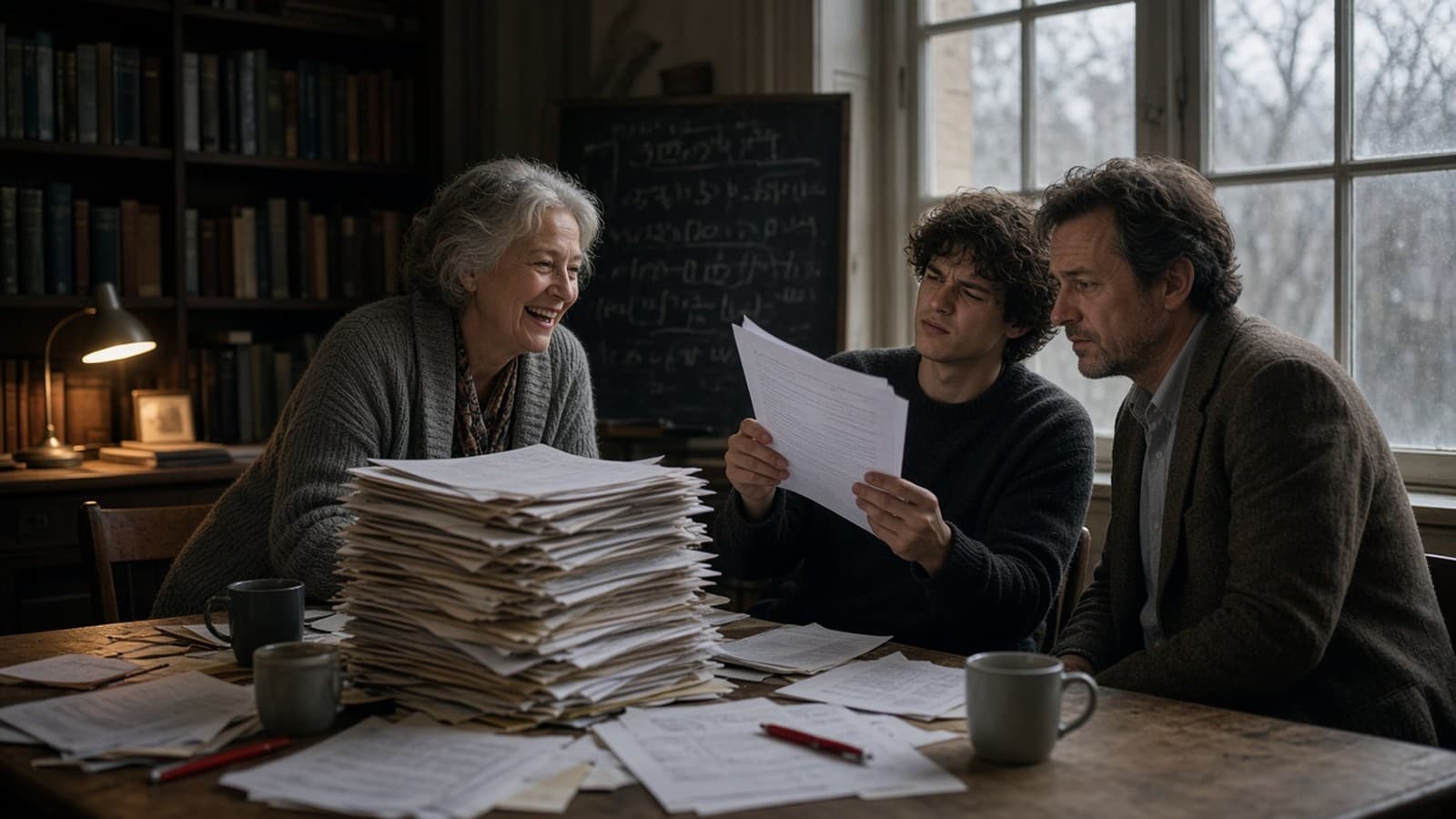 Three people check a tall stack of papers in a university common room. Generated photograph. Not a picture of anyone in this story.