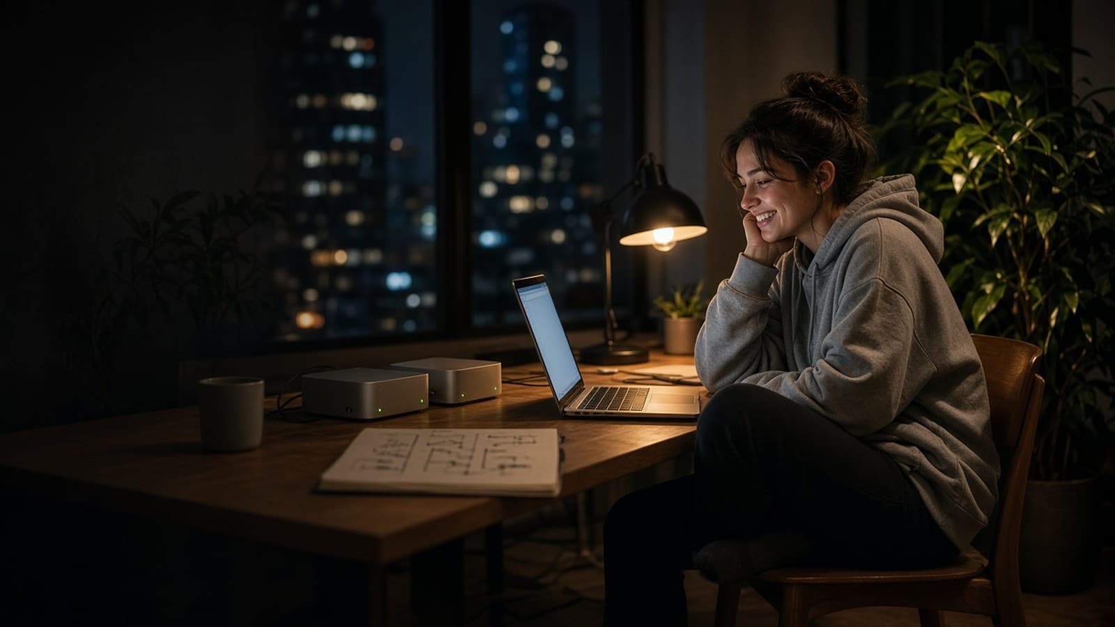 A woman smiles at a laptop beside two small desktop computers joined by cables. Generated photograph. Not a picture of anyone in this story.