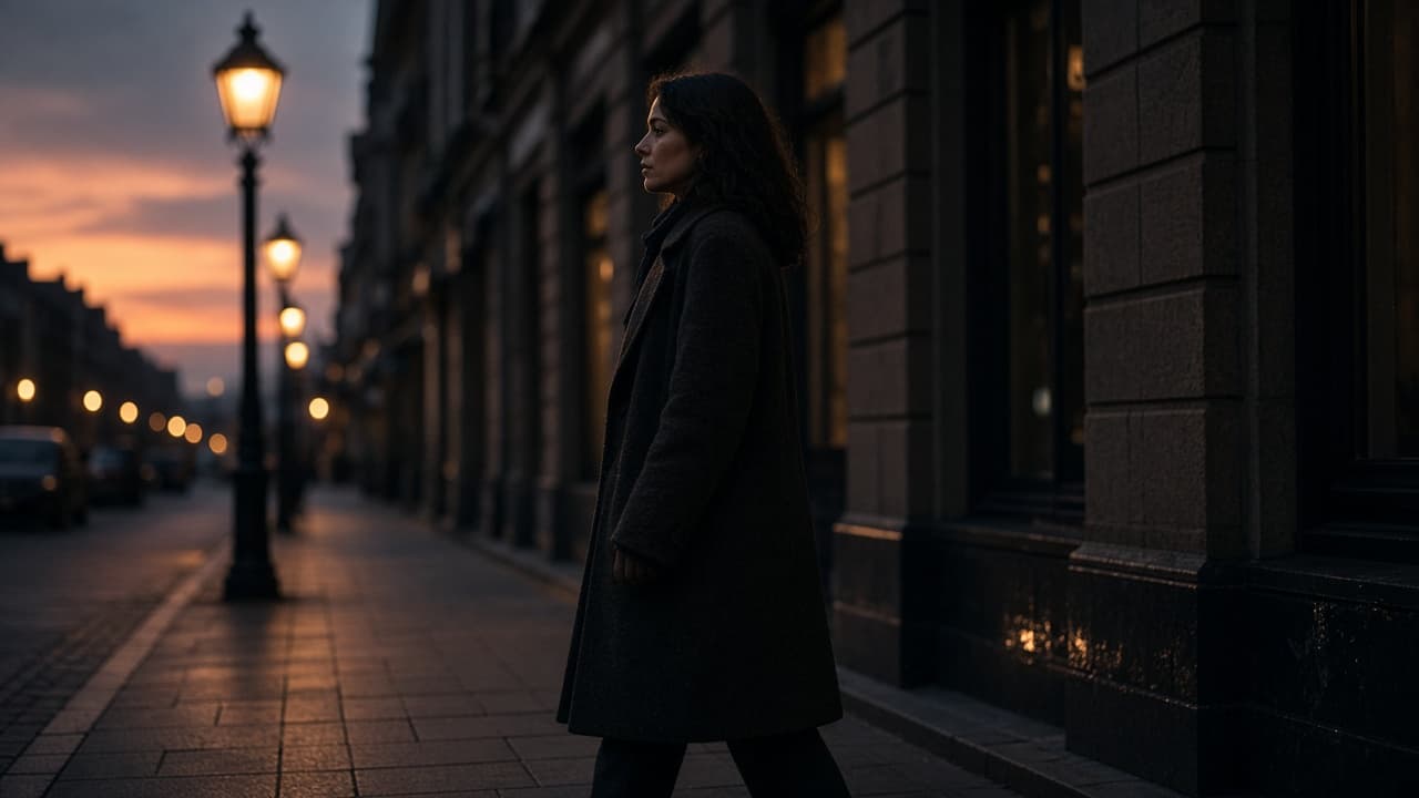 A person walking a city sidewalk at dusk.