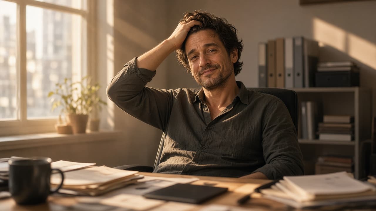 A person leaning back from a desk in late-afternoon light.