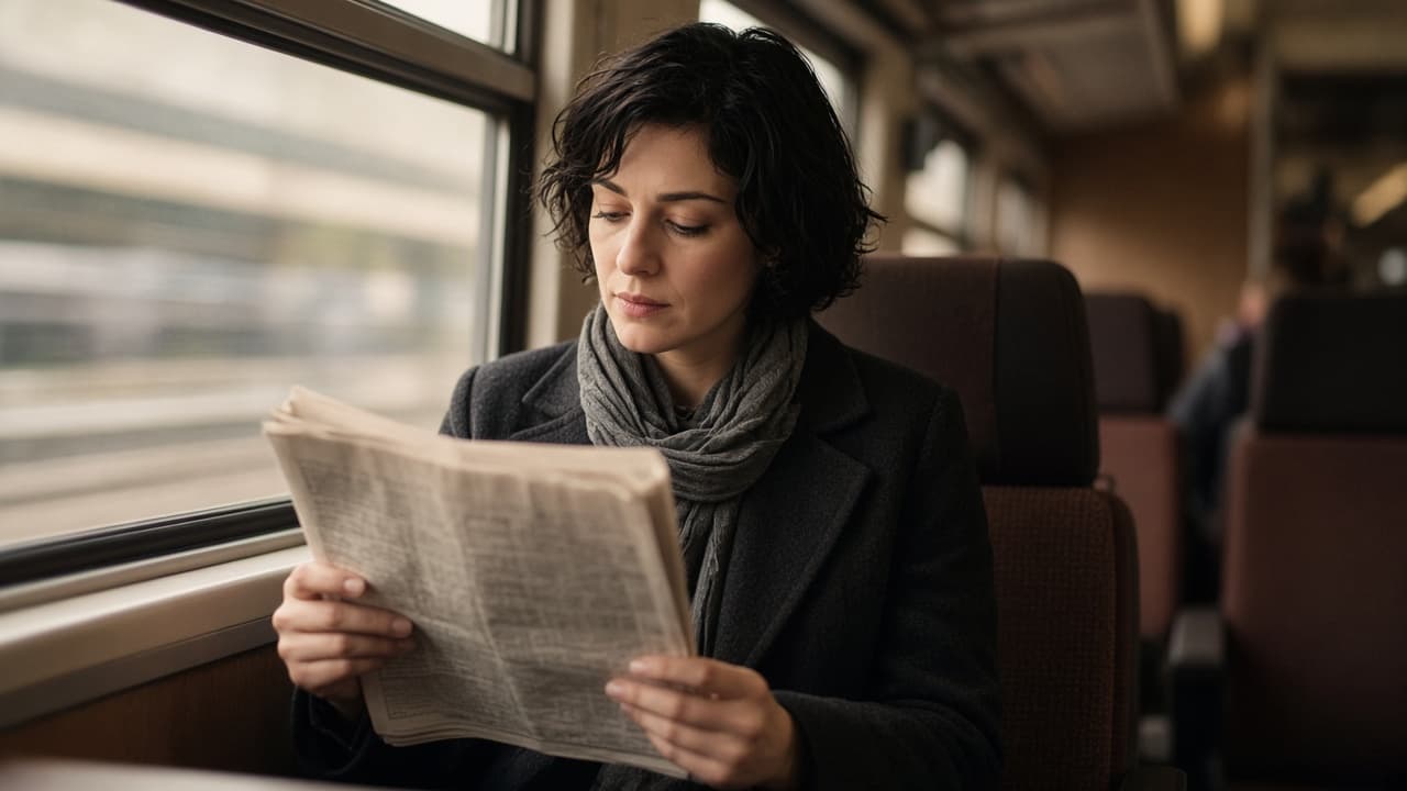 A woman reading a newspaper on a morning train.