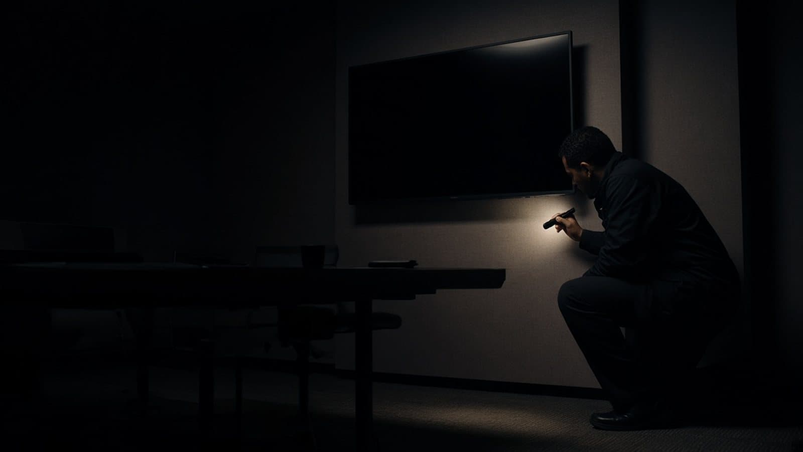A man crouches in a dark room and points a small light at the wall under a television. Generated photograph. Not a picture of anyone in this story.