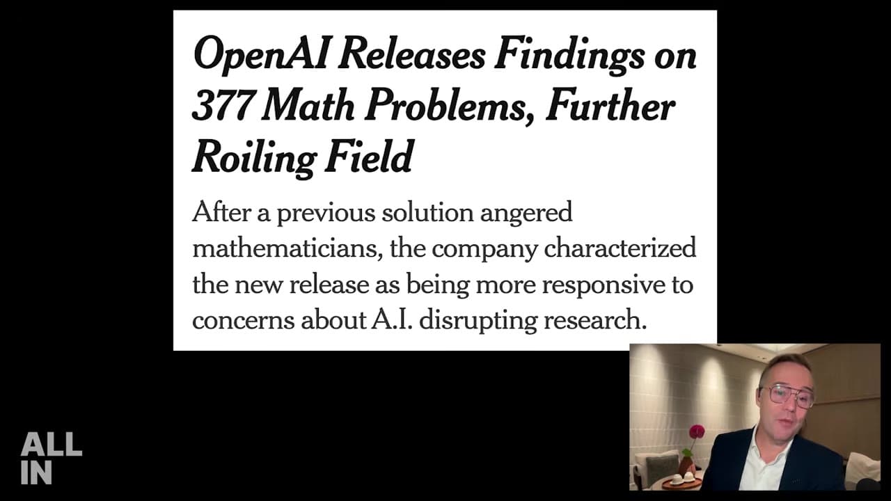 Nagłówek pokazany w programie: „OpenAI Releases Findings on 377 Math Problems, Further Roiling Field”. Screenshot: