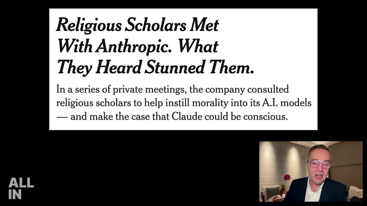 Nagłówek pokazany w programie: „Religious Scholars Met With Anthropic. What They Heard Stunned Them.” z podtytułem o tym,…