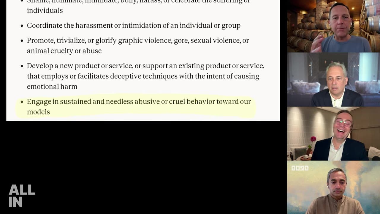 Lista zasad pokazana w programie, z wyróżnionym punktem „Engage in sustained and needless abusive or cruel behavior…