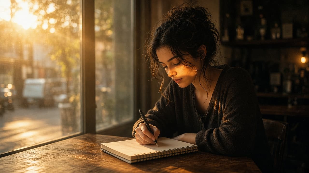 A person writing in a notebook by a cafe window.