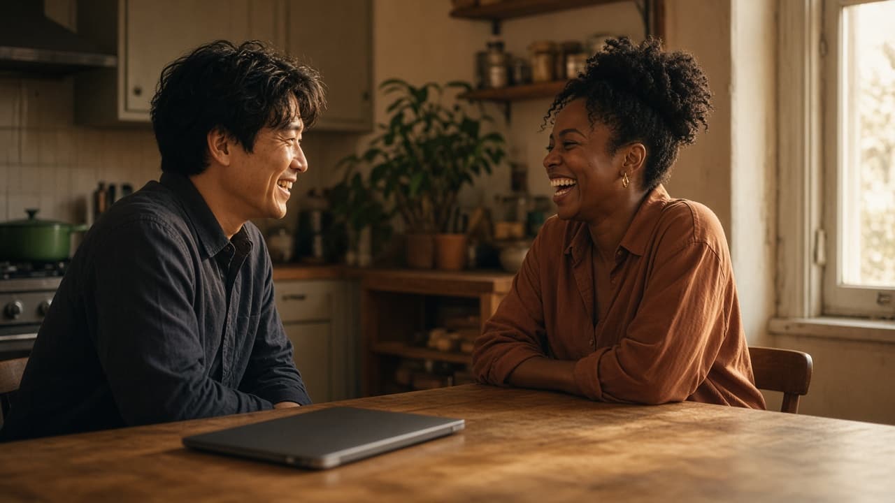 Two people laughing at a kitchen table.