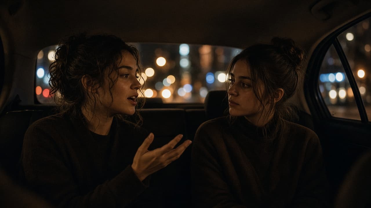 Two friends talking in the back seat of a car at night.