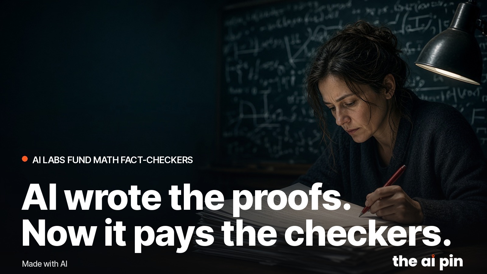 Three people check a tall stack of papers in a university common room. Generated photograph.