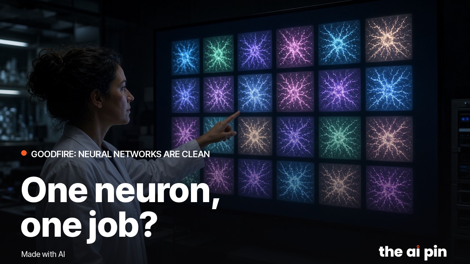A researcher pointing at a large screen showing a neat grid of glowing activation tiles, dark lab. Generated photograph.