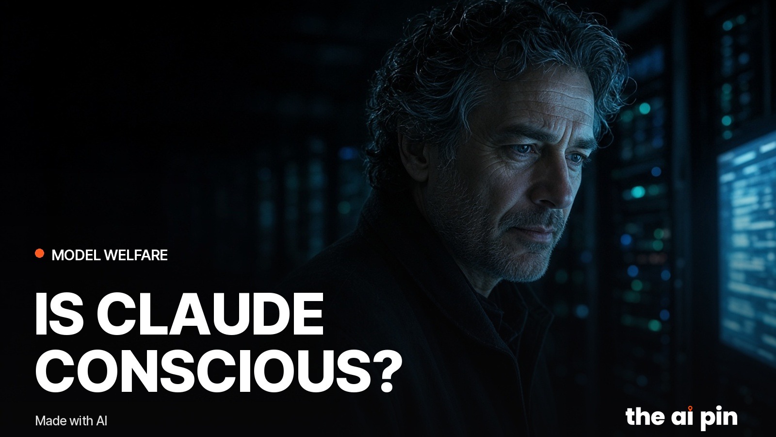 A man in a dark coat stands in a blue-lit server hall, looking at a terminal. The poster reads: Is Claude conscious?