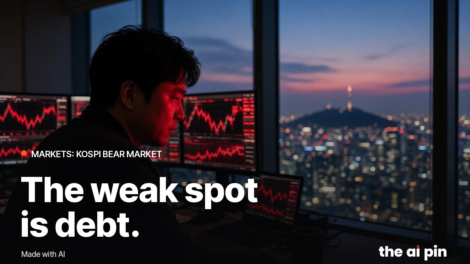 A trader at a desk in Seoul at dusk, face lit by red market screens, blurred city lights behind. Generated photograph.