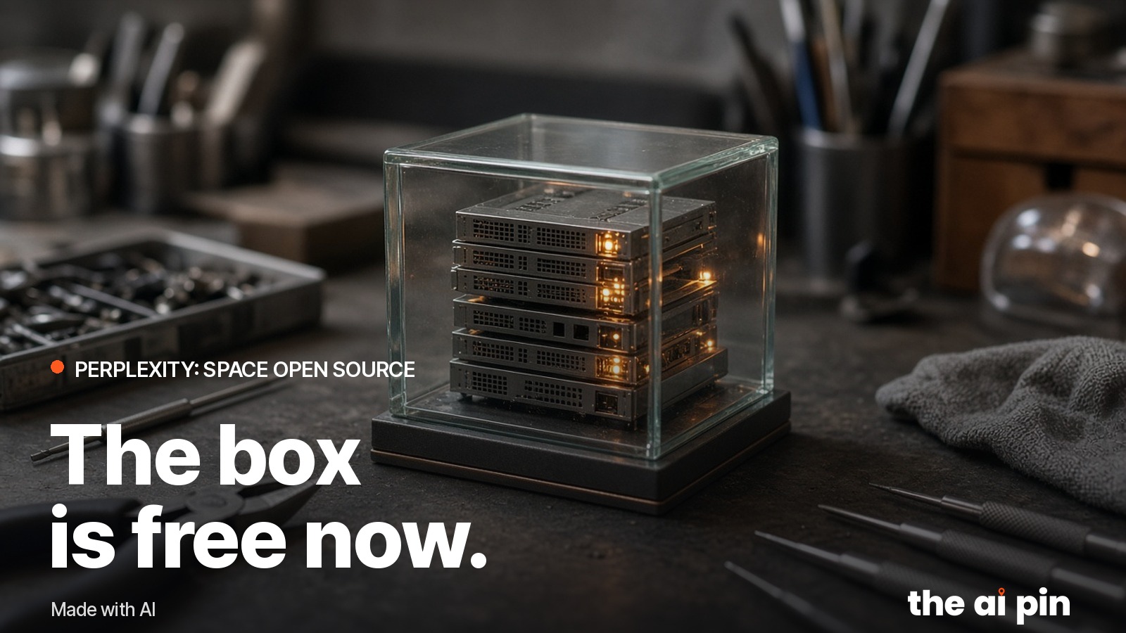 A small glowing glass box on a workbench containing a miniature server, surrounded by tools, soft studio light. Generated…