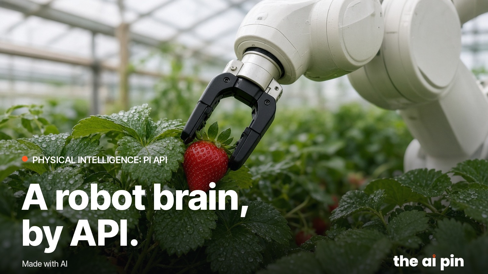 A robotic arm gently picking a ripe strawberry in a greenhouse, soft diffuse light, droplets on leaves. Generated photograph.
