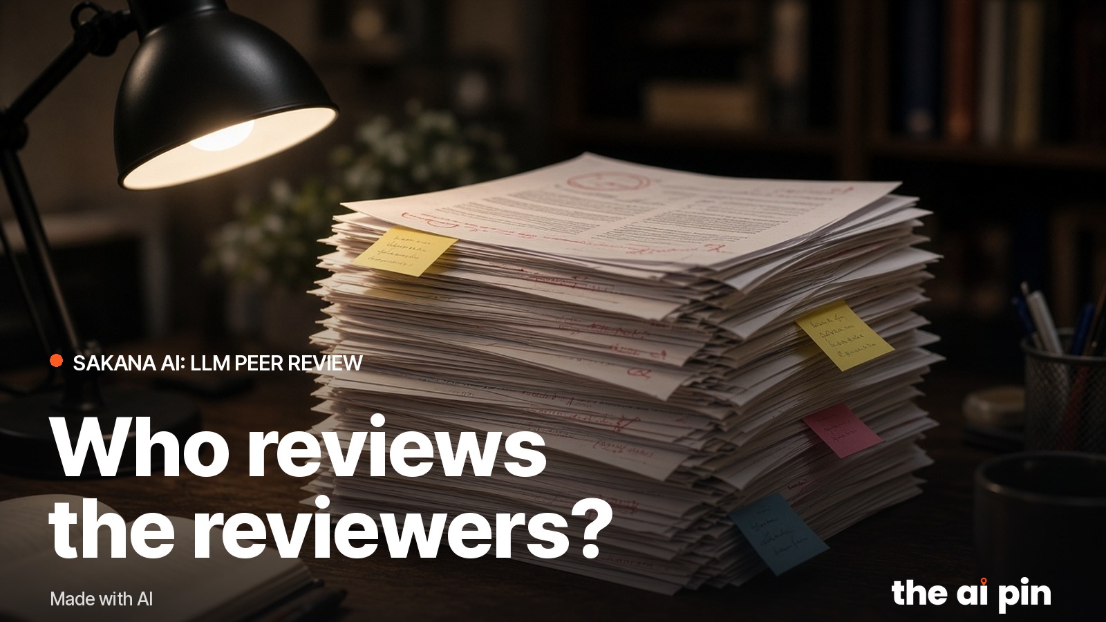 A tall stack of printed research papers with red pen marks and sticky notes on a university desk, lamp light. Generated…