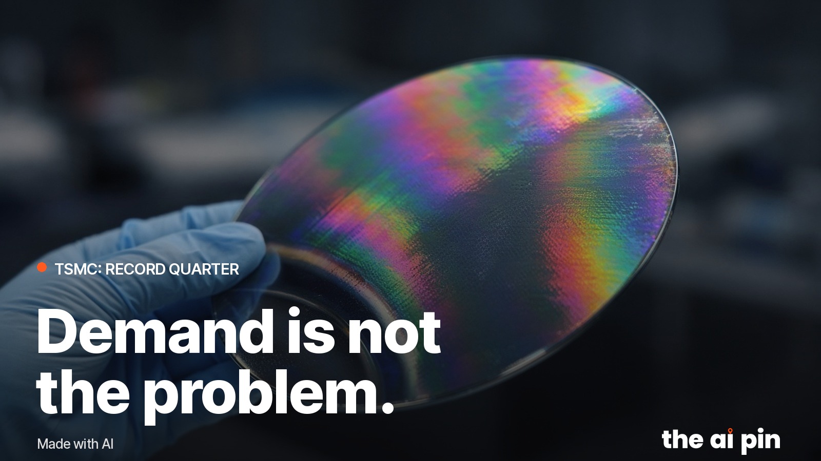 Close-up of a silicon wafer reflecting rainbow light held by a gloved hand in a dim clean room, shallow depth of field.…