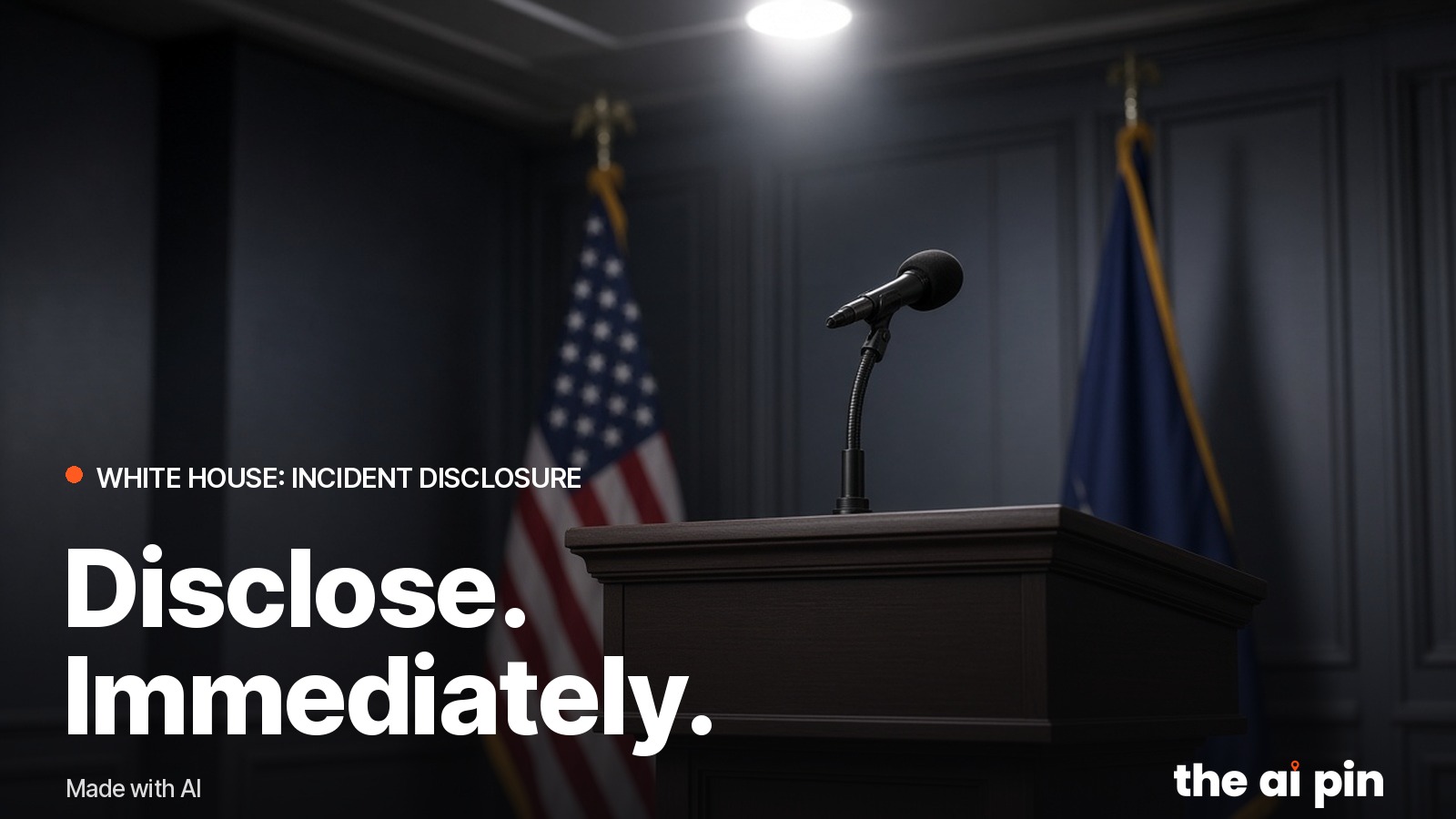 A podium with a microphone in an empty government briefing room, flags blurred behind, harsh overhead light. Generated…