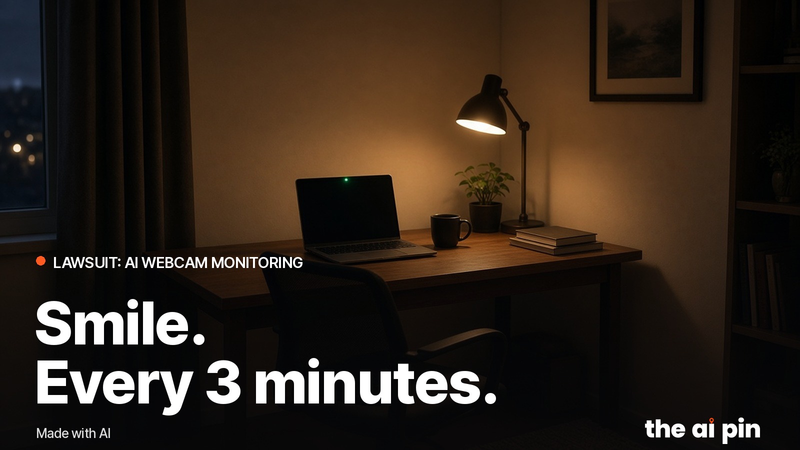 A home office corner with a laptop webcam's small green light glowing, an empty chair, evening lamp light. Generated…