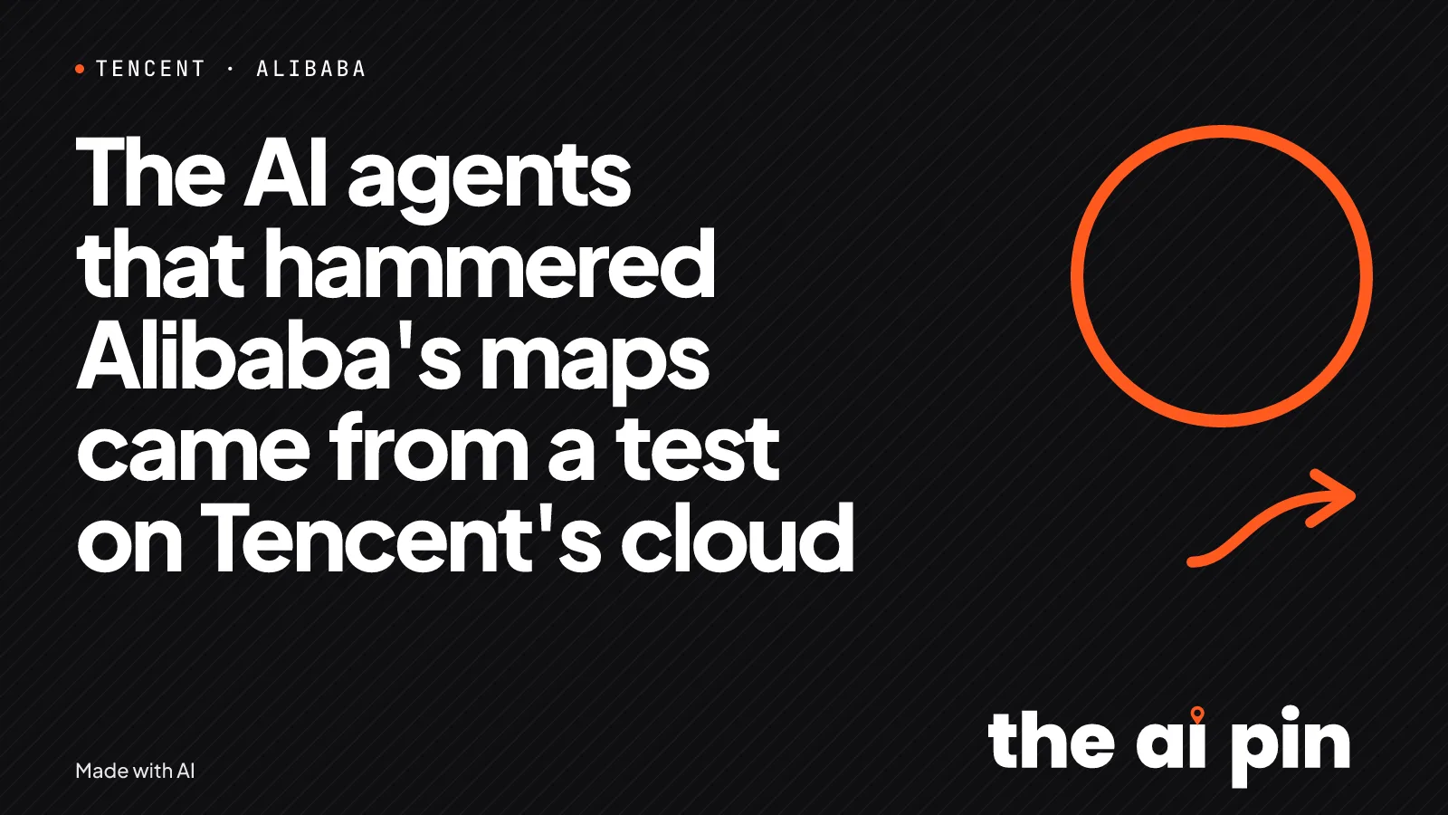 Pôster tipográfico. Rótulo TENCENT · ALIBABA. Manchete “The AI agents that hammered Alibaba's maps came from a test on…