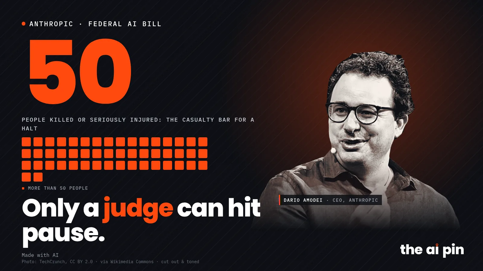 Poster: "Only a judge can hit pause.", big number 50, with photo of Dario Amodei (Photo: TechCrunch, CC BY 2.0 · via…