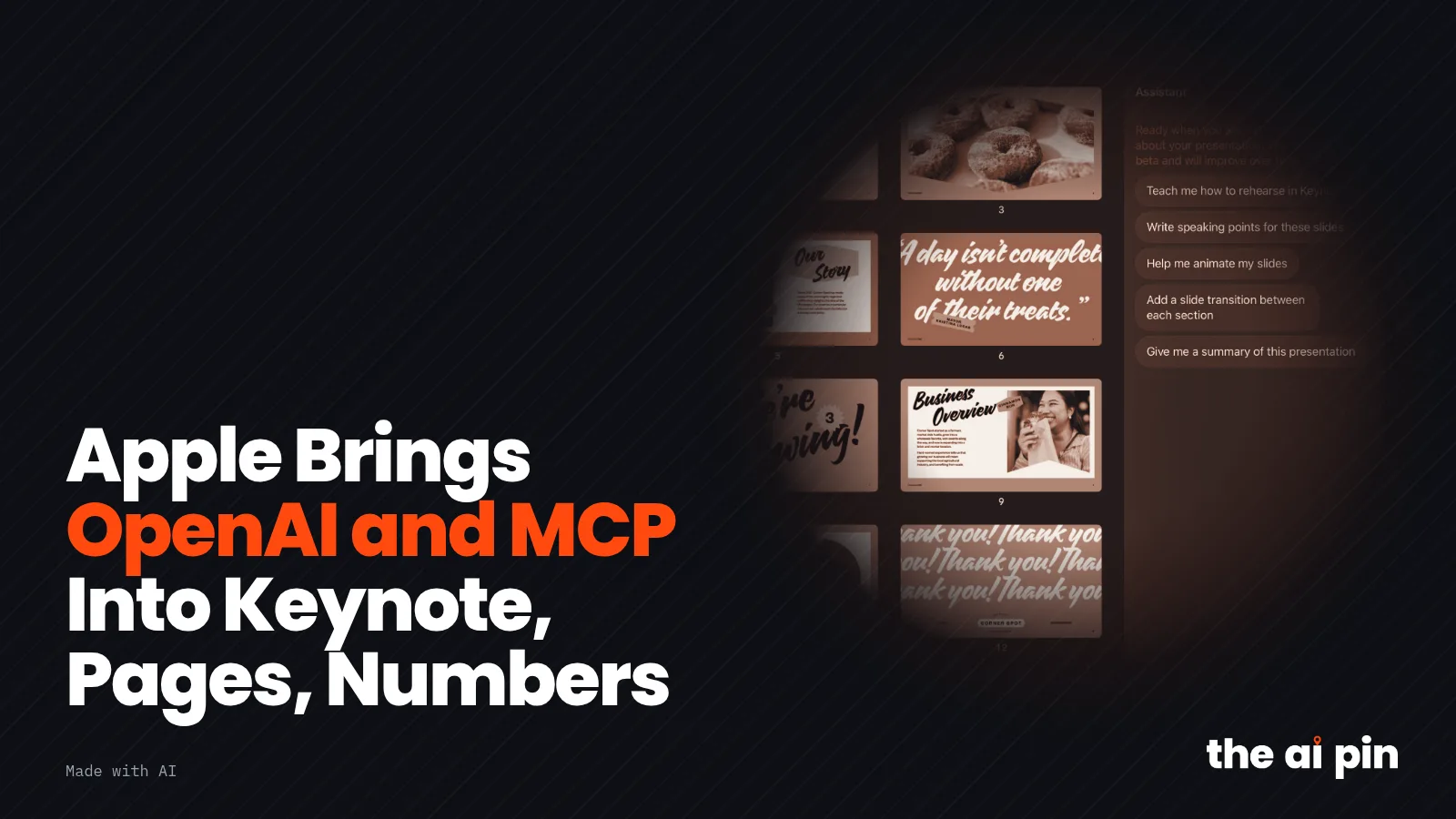 Poster: "Apple bringt OpenAI und MCP in Keynote, Pages und Numbers", mit Keynote auf dem iPad Pro und dem geöffneten…
