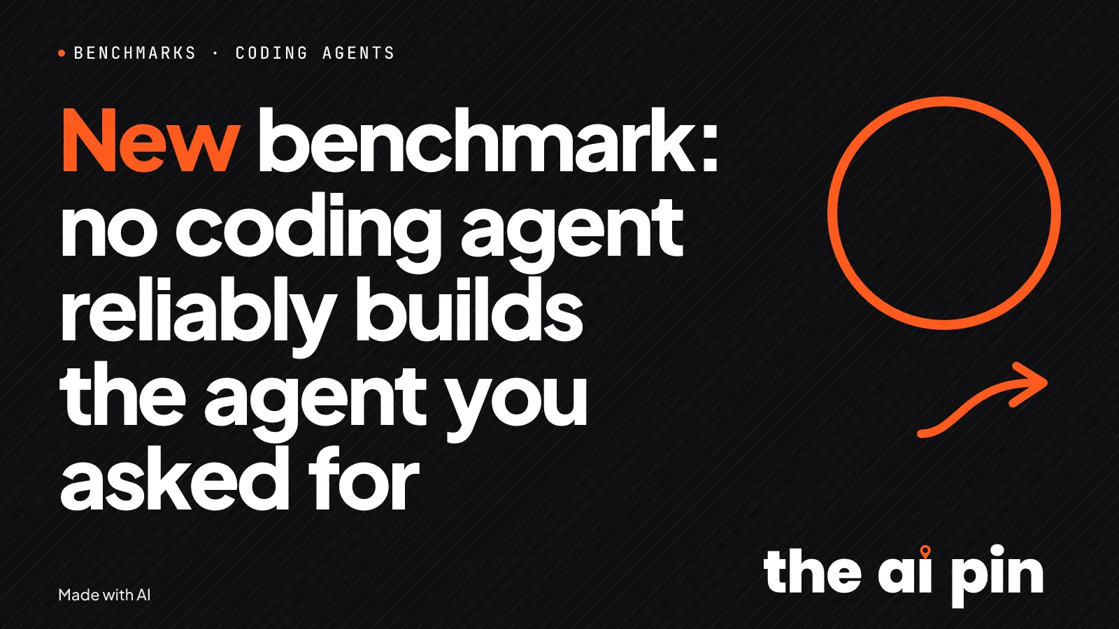Typografisches Poster. Kicker BENCHMARKS · CODING AGENTS. Schlagzeile „New benchmark: no coding agent reliably builds the…