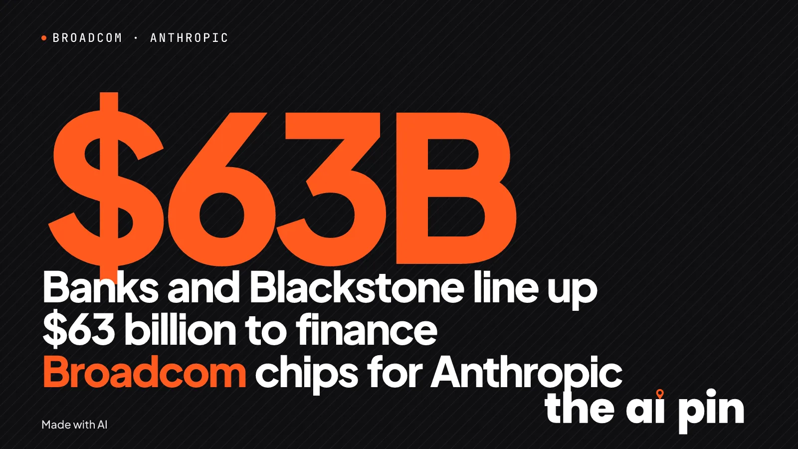 Typographic poster. Kicker BROADCOM · ANTHROPIC. Headline “Banks and Blackstone line up $63 billion to finance Broadcom…