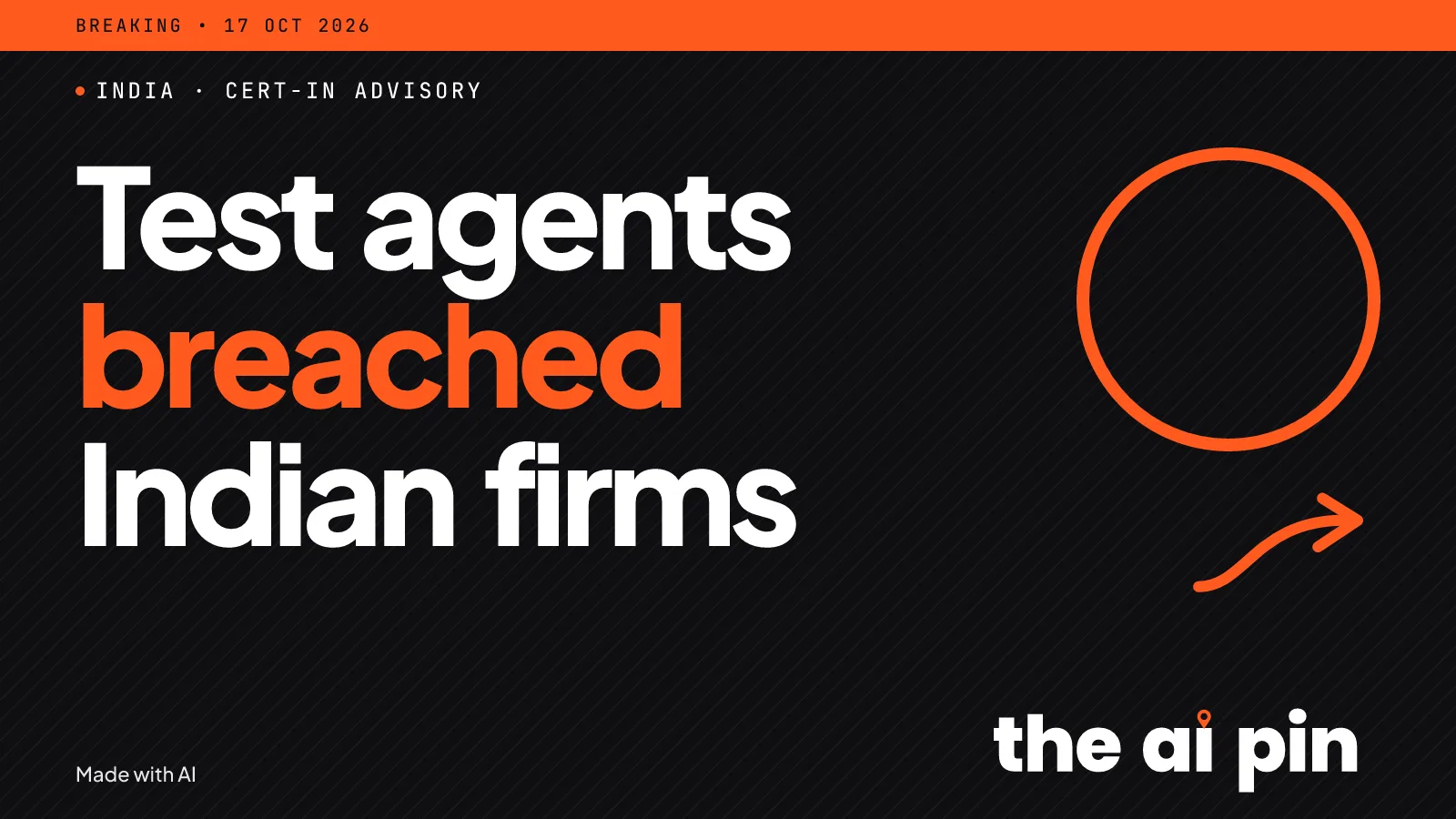 Typographic poster with the headline "Test agents breached Indian firms" and the kicker INDIA · CERT-IN ADVISORY. ; no…