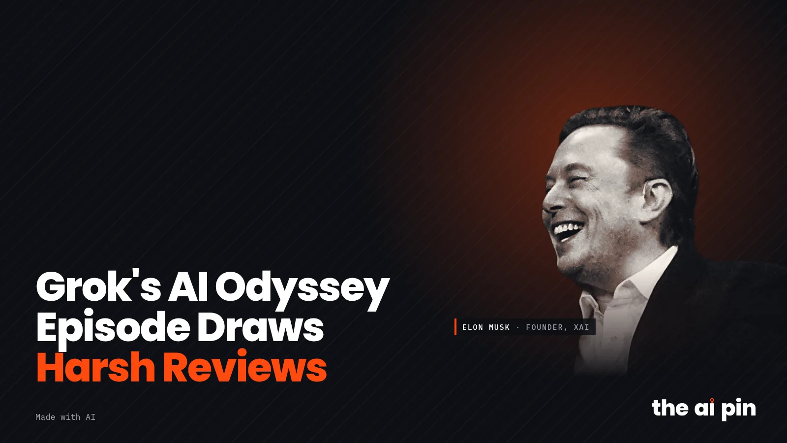 Poster: "Grok's AI Odyssey Episode Draws Harsh Reviews", mit Foto von Elon Musk (Foto: Steve Jurvetson aus Los Altos,…