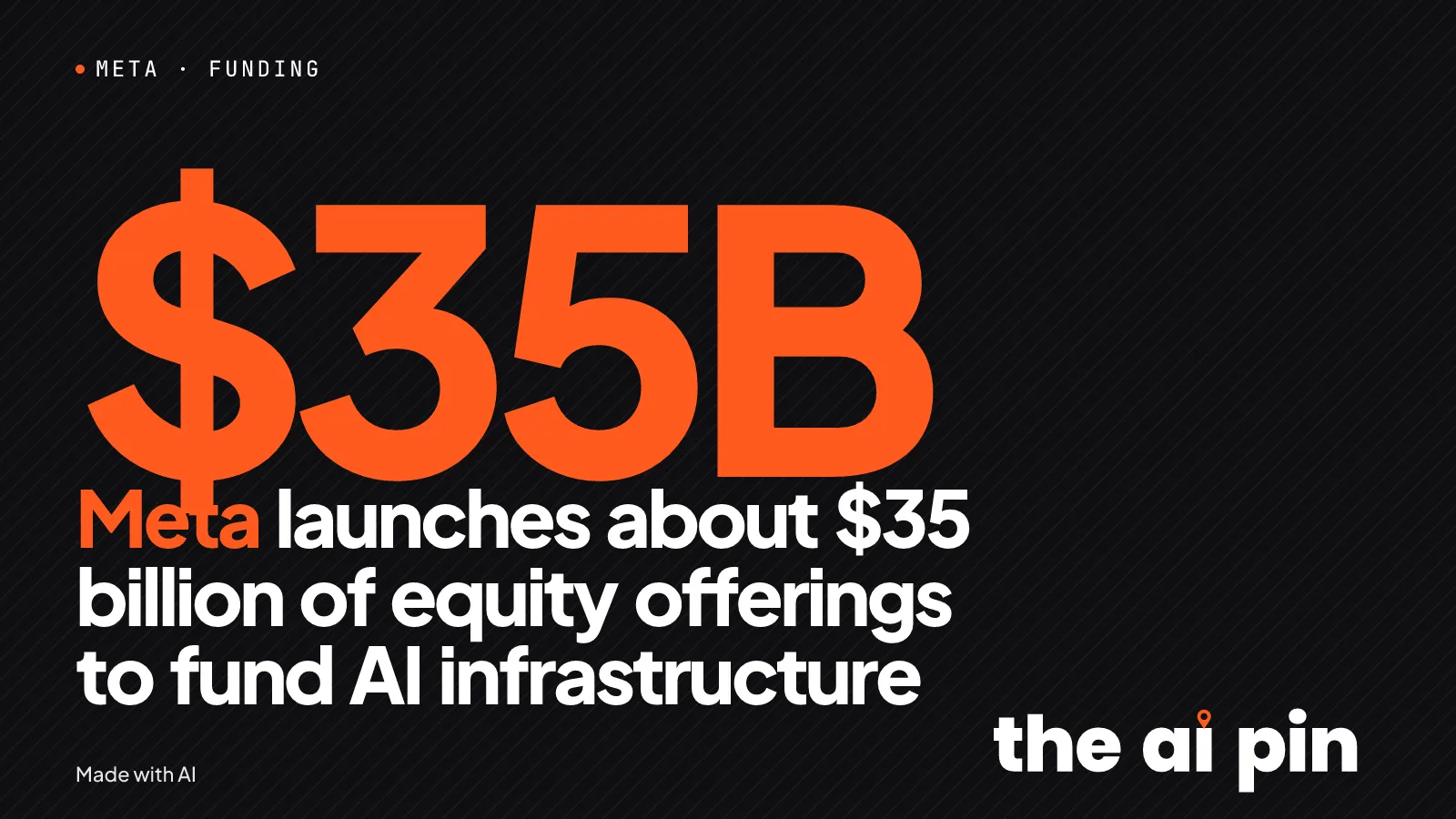 Affiche typographique. Sur-titre META · FUNDING. Titre « Meta launches about $35 billion of equity offerings to fund AI…