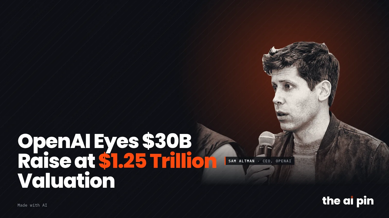 Poster: "OpenAI Eyes $30B Raise at $1.25 Trillion Valuation", with photo of Sam Altman (Photo: Village Global, CC BY 2.0…