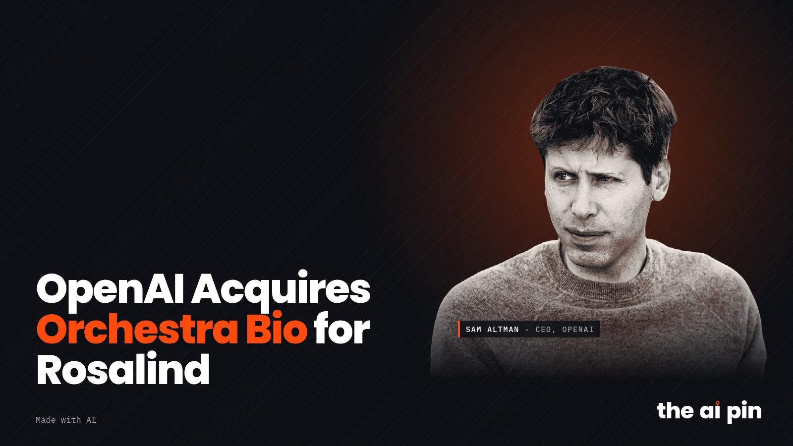 Poster: "OpenAI übernimmt Orchestra Bio für Rosalind", mit Foto von Sam Altman (Foto: Village Global, CC BY 2.0 · via…