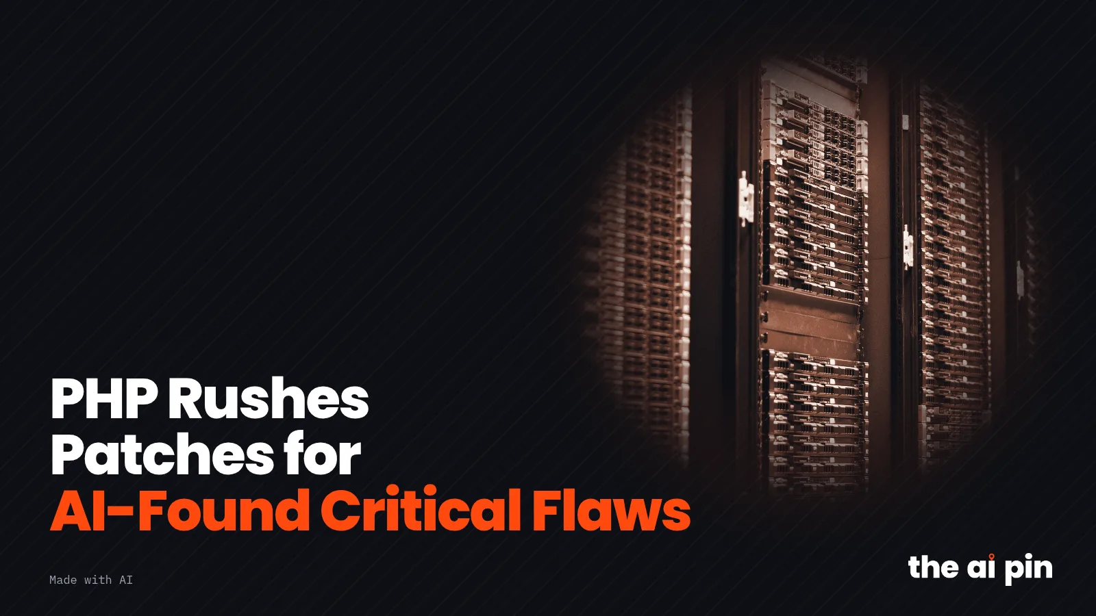 Poster: "PHP Rushes Patches for AI-Found Critical Flaws", with toned photo of a data-centre server rack with network…