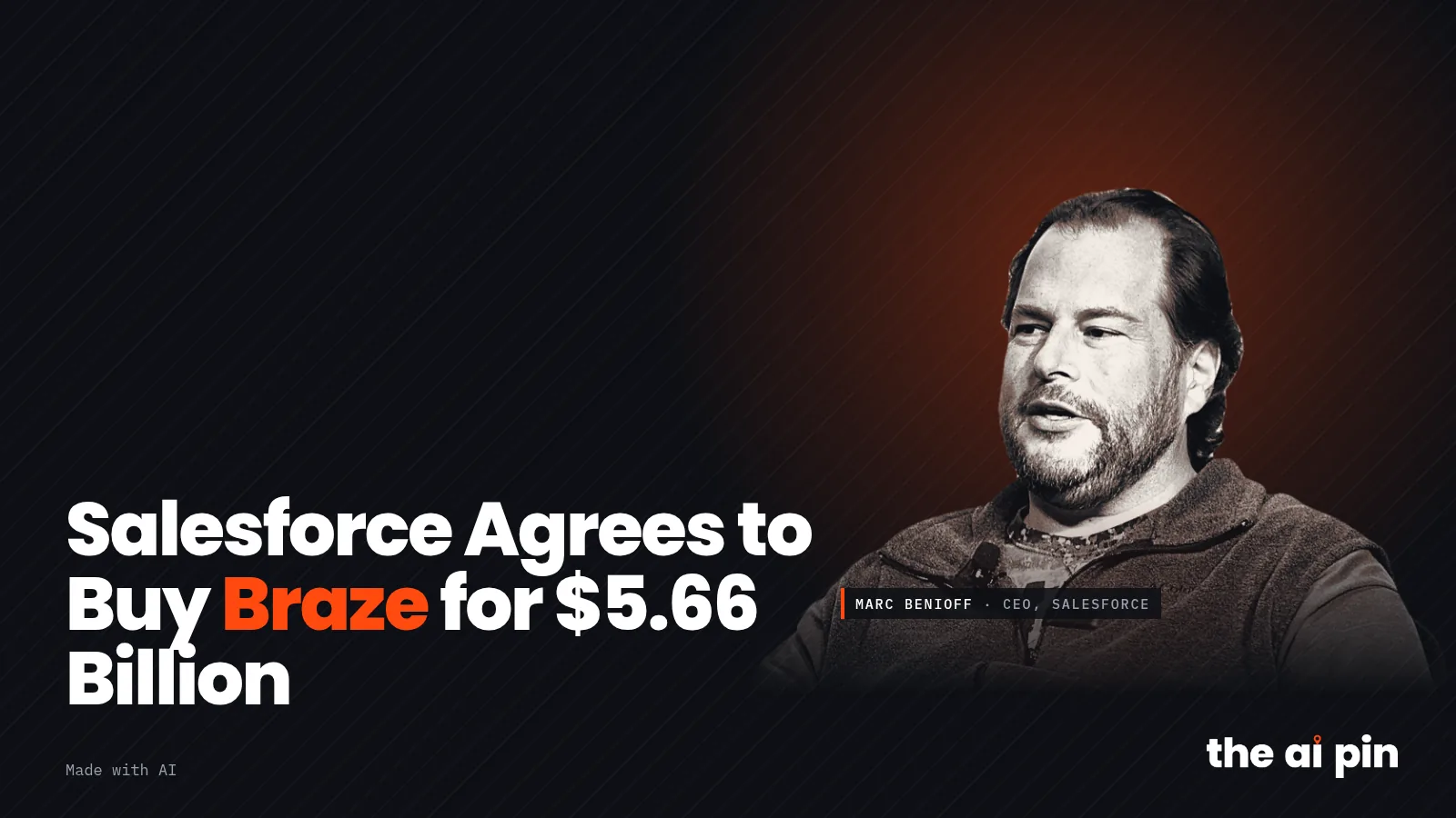 Poster: "Salesforce Agrees to Buy Braze for $5.66 Billion", with photo of Marc Benioff (Photo: Global Climate Action…