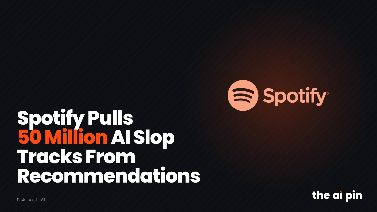 Poster: "Spotify Pulls 50 Million AI Slop Tracks From Recommendations", with toned Spotify logo (Spotify logo, Wikimedia…
